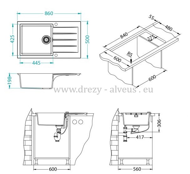 Alveus SET dřez Cadit 40 + baterie Siros - 91 black + dárek